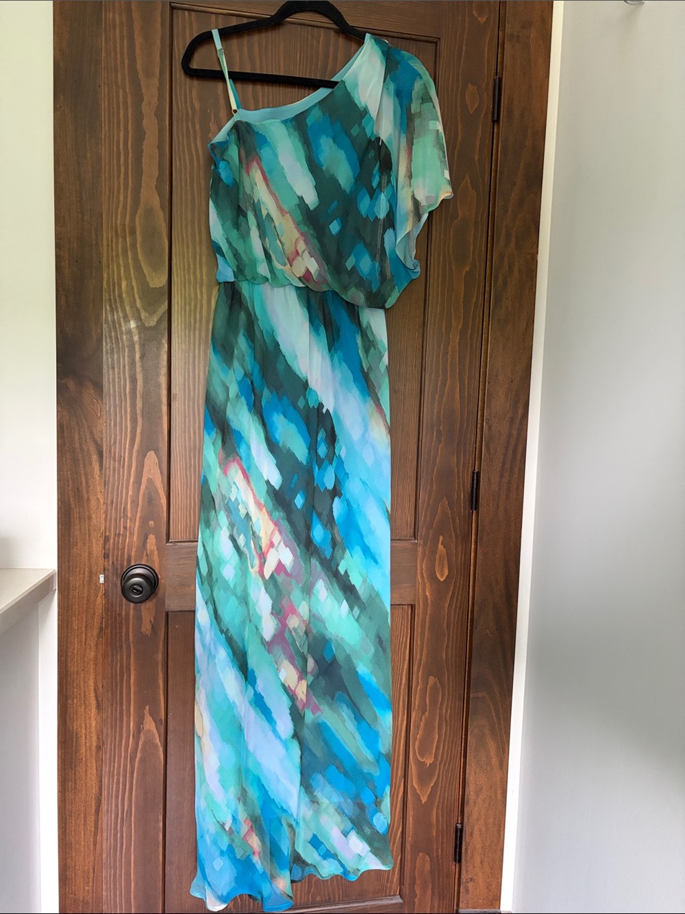 Ellen Tracy Aqua Teal Watercolor One-Shoulder Maxi Dress